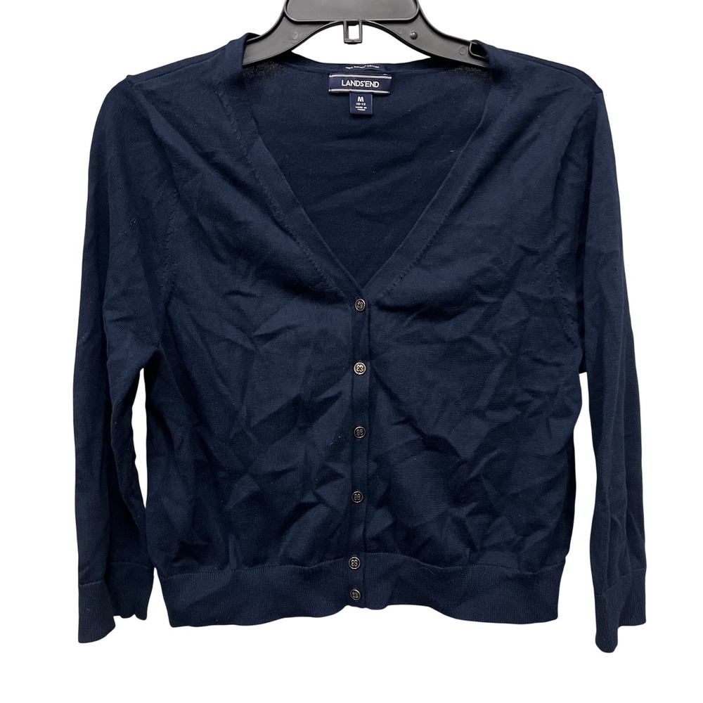 Lands End Womens Navy Blue 100 Supima Cotton V-Neck Cardigan Sweater Size M